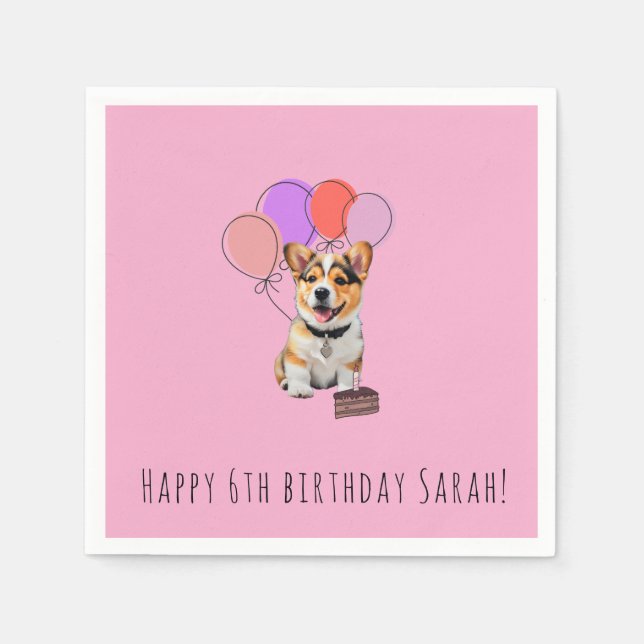 Lindos Guardanapos de Aniversário Corgi Rosa Perso (Frente)