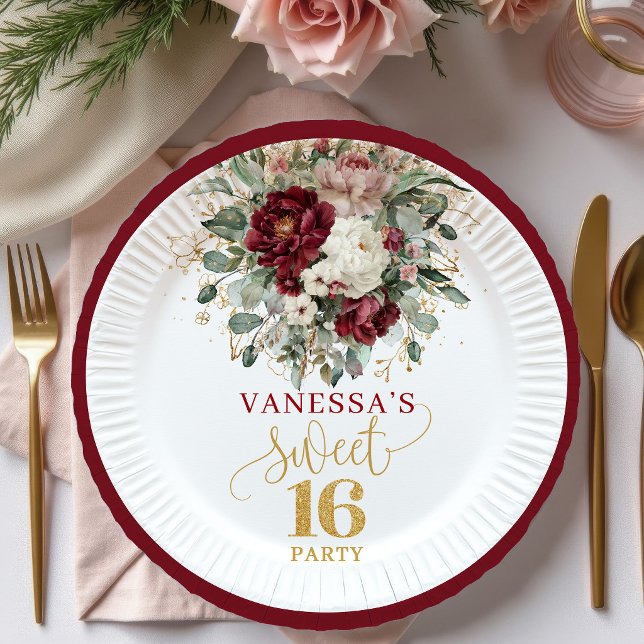 Lindos Pratos de Papel Florais Rosa Bege Burgundy  (Lovely Sweet 16 Blush Burgundy Floral Paper Plates)