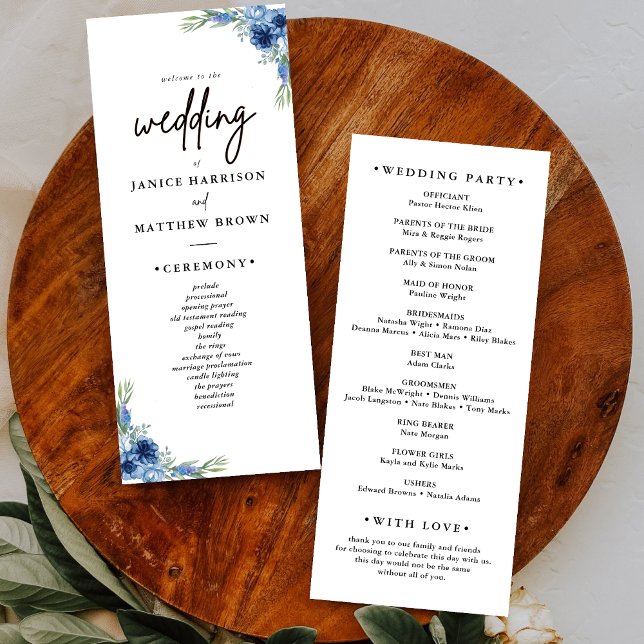Lindos Programas de Casamento Florais em Azul Poei (Lovely dusty blue floral wedding program guides your ceremony with soft elegant charm)