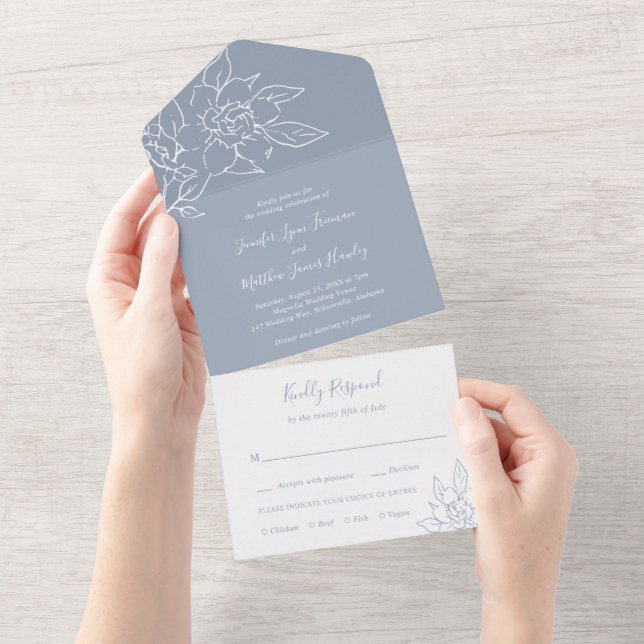 Linha de Arte Floral Azul Empoeirado Casamento Ele (Aba destacável)