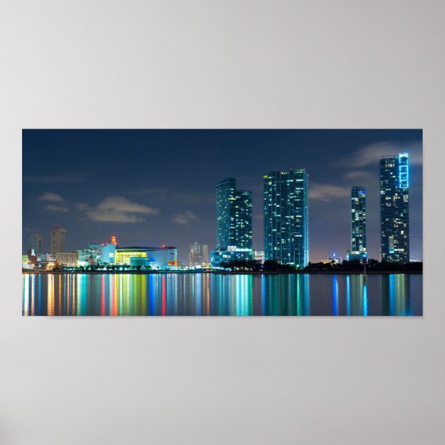 Linha do horizonte de Miami no Poster do anoitecer (Frente)