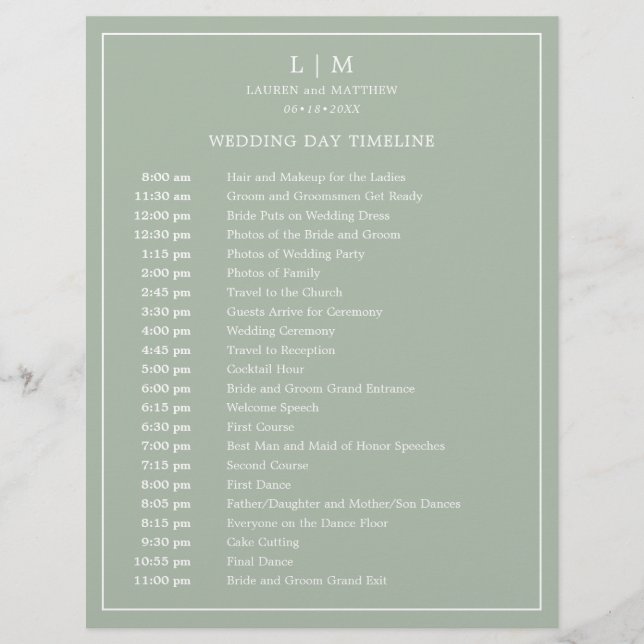 Linha do Tempo de Casamento Simples em Verde Sage  (Frente)