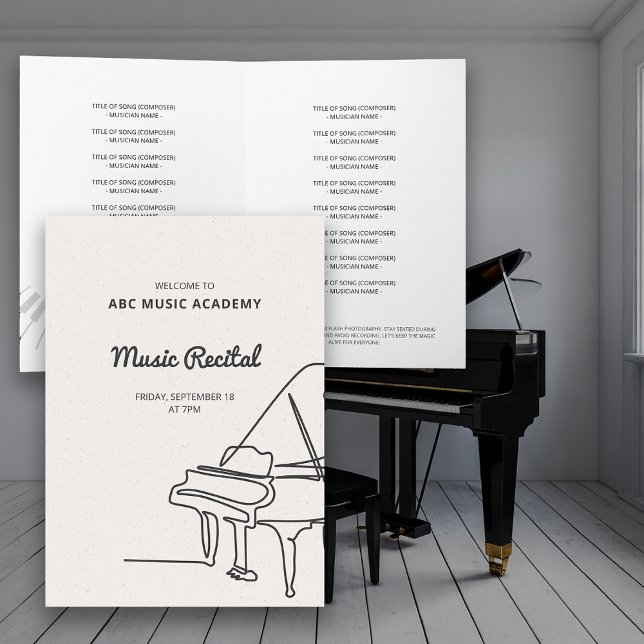 Linha Grande Piano Música Considerando Convite (Line Grand Piano Music Recital Program Invitation)