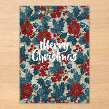 Linho Botânico de Natal Vintage Vermelho com Fruta