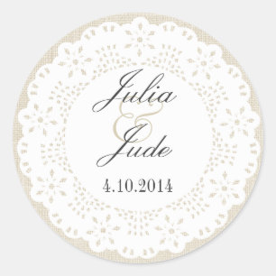 Linho & laço bege Doilie: Etiqueta redonda