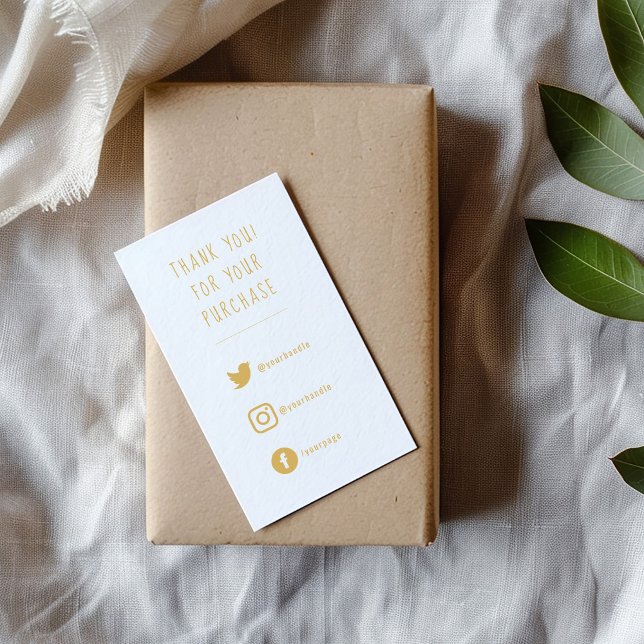 Links sociais, cartão de inserção de pedidos em ou (Gold on white fun text social media enclosure card to say thank you to your customers)