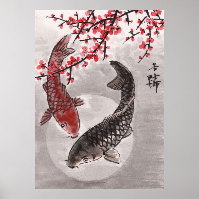 LinLi China Watercolor Art Impressão - Peixe KOI # (Frente)