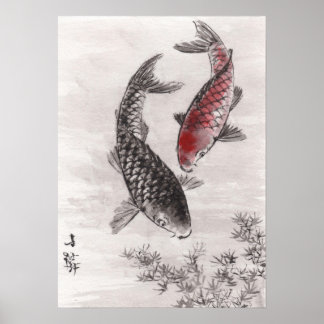LinLi China Watercolor Art Impressão - Peixe KOI #