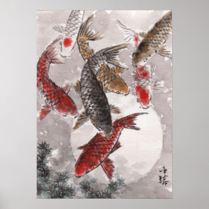 LinLi China Watercolor Art Impressão - Peixe KOI #