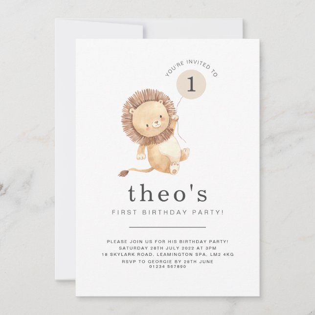 Lion Balloon Primeiro Convite de Aniversário (Frente)