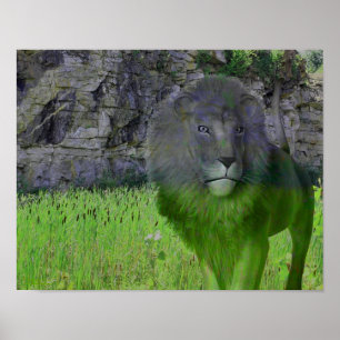 Lion Cattails Stone Wall Fantasy Art Poster