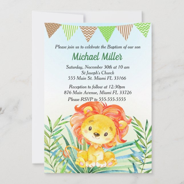 Lion Cub Watercolor Baby Baptism Convite (Frente)
