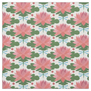 Lírios de água na moda e Dragonfly em Tecido Branc