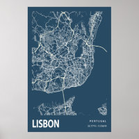 Lisboa Portugal - Mapa da Linha Art Blue Impressão
