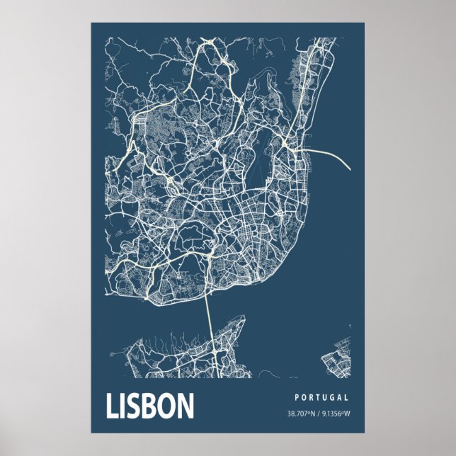 Lisboa Portugal - Mapa da Linha Art Blue Impressão (Frente)