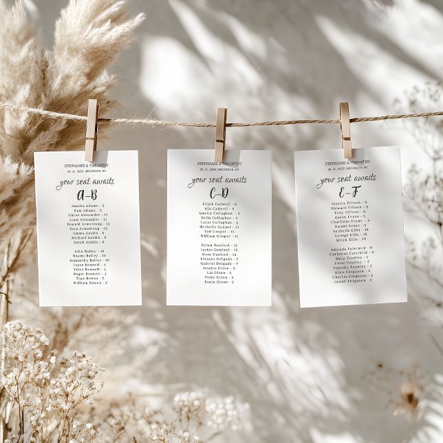 Lista de Assentos de Convidados para Casamentos Mo (Streamlined and organized wedding seating chart featuring a convenient alphabetical name arrangement)