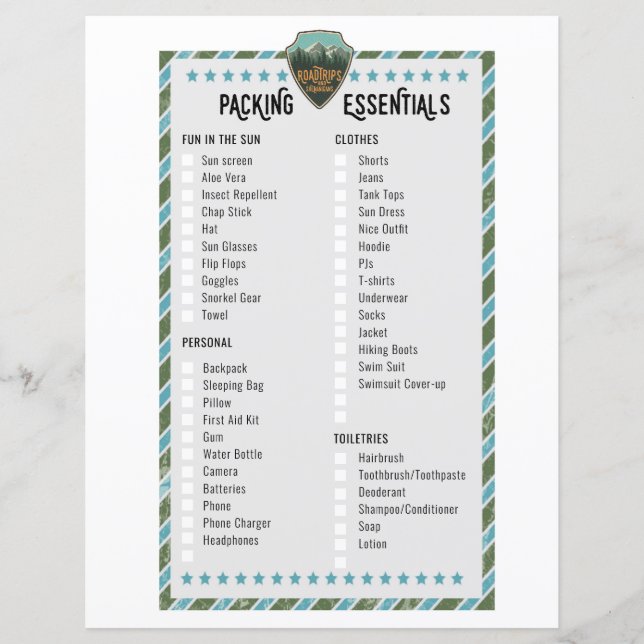 Lista de Essenciais de Embalagem de Viagem Rodoviá (Frente)