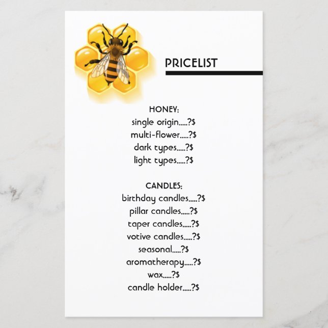Lista de Preços Branco Bee & Honey (Frente)