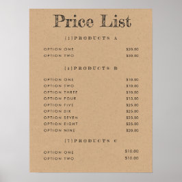 Lista de Preços de Fundo Kraft Menu Impressão Matt