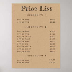 Lista de Preços de Fundo Kraft Menu Impressão Matt