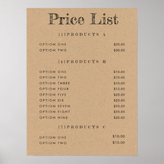 Lista de Preços de Fundo Kraft Menu Impressão Matt
