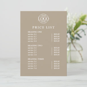 Lista de Preços do Menu de Serviços com Logo Bege