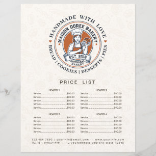 Lista de Preços do Menu do Pastry Chef da Loja de 