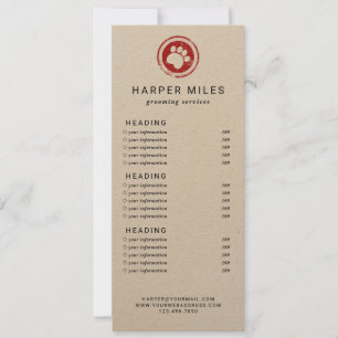 Lista de preços ou cartão de serviço do selo do gr