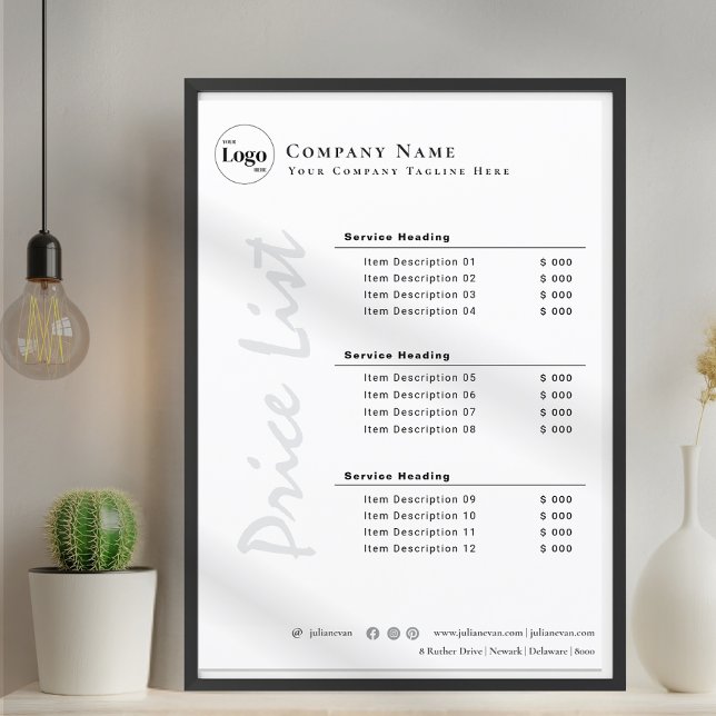 Lista de Preços Preto e Branco Minimalista Moderna (Modern Minimalist Black and White Price List)