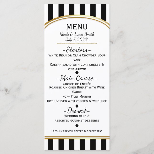 Listras Pretas e Brancas com Menu Elegante Dourado (Frente)