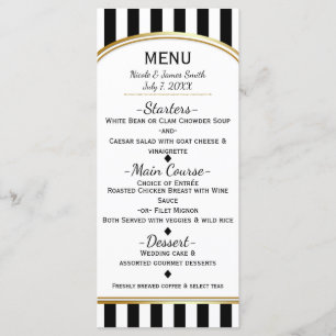 Listras pretas e brancas com menu elegante em ouro