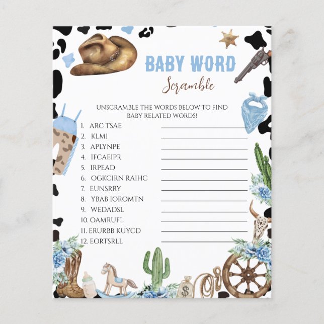 Little Cowboy Baby Shower Word Scramble Game (Frente)