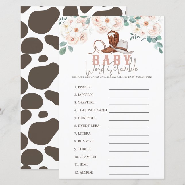 Little Cowgirl Western Floral Baby Word Scramble (Frente/Verso)