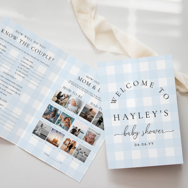 Livreto de Jogos para Chá de Bebê com Xadrez Azul (Baby Shower Game Booklet Blue Gingham Check )