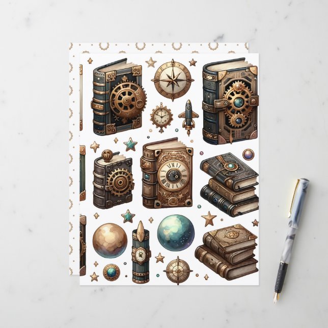 Livro Celestial Steampunk Ephemera Scrapbook Paper (Frente/Verso In Situ)