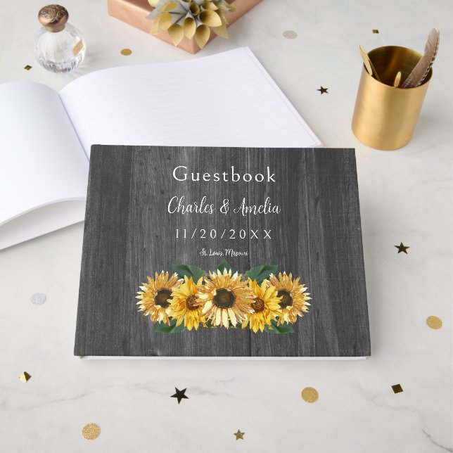 Livro Convidado Rustic Weathered Sunflower (Frente aberta)
