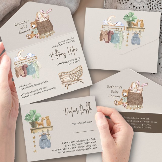 Livro de Chás de fraldas e Fraldas da Boho Nursery (Trifold Baby Shower Invitation. All-in-One design with book request + tear-off Diaper Raffle Ticket)