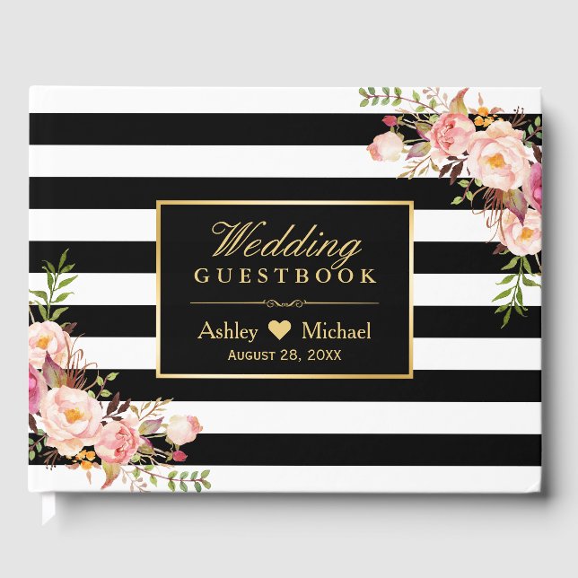 Livro de Convidado de Casamento Floral de Stripes  (Frente)