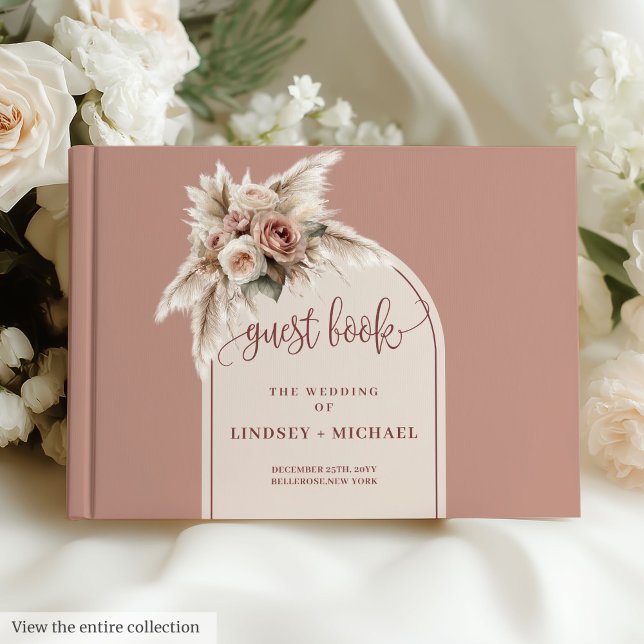 Livro de Convidado do Arco Pampas Rosa-Rosa-Glamor (Glamorous Dusty Pink Pampas Arch Guest Book)
