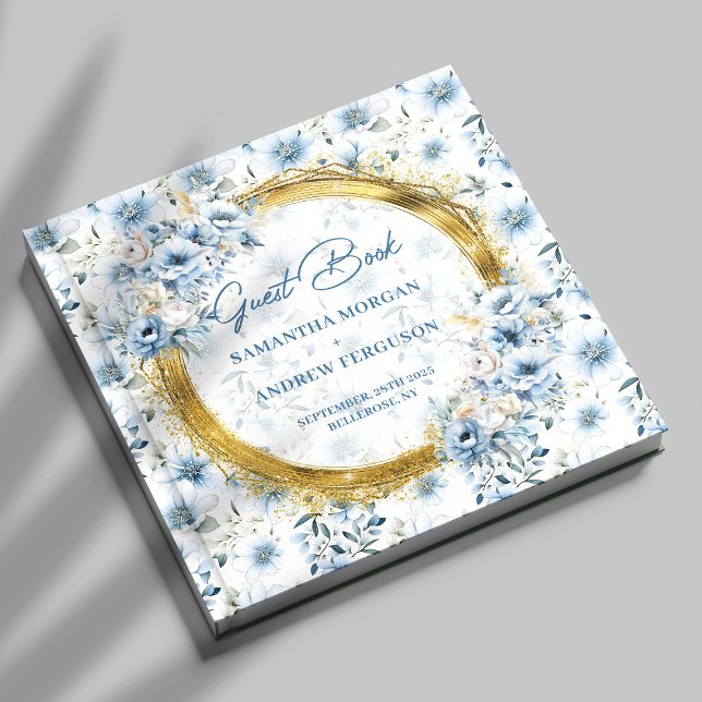 Livro de Convidados de Casamento Dourado com Lusas (Luxury Pastel Blue Gold Glitter Wedding Guest Book)