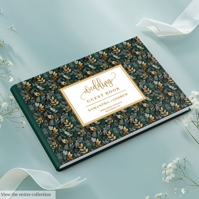 Livro De Convidados De Casamento Dourado E Verde M (Handwritten Deep Green And Gold Wedding Guest Book)