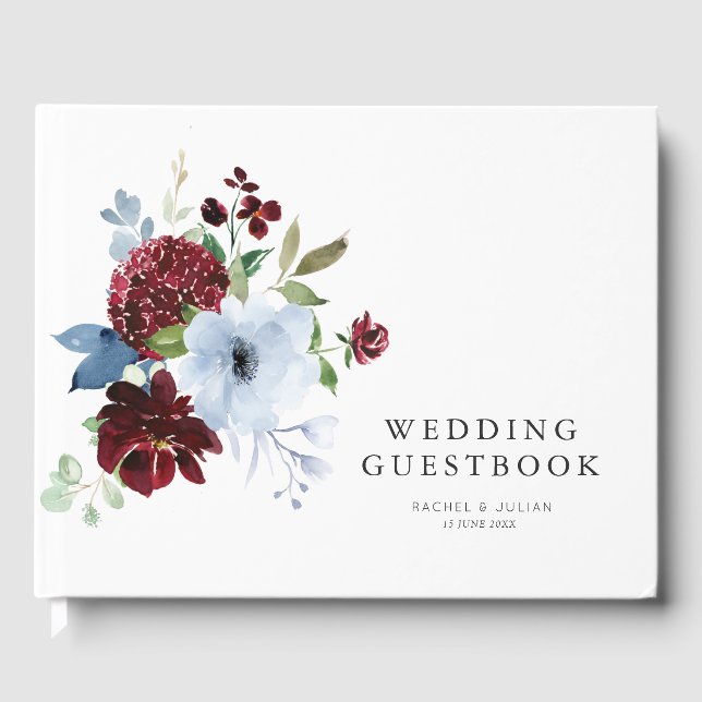 livro de convidados de casamento floral azul-burgu (Frente)