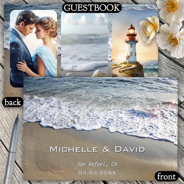 Livro de Convidados de Foto de Casamento em Praia  (A pretty wedding guest book featuring waves crashing on the beach with custom photos on the back)