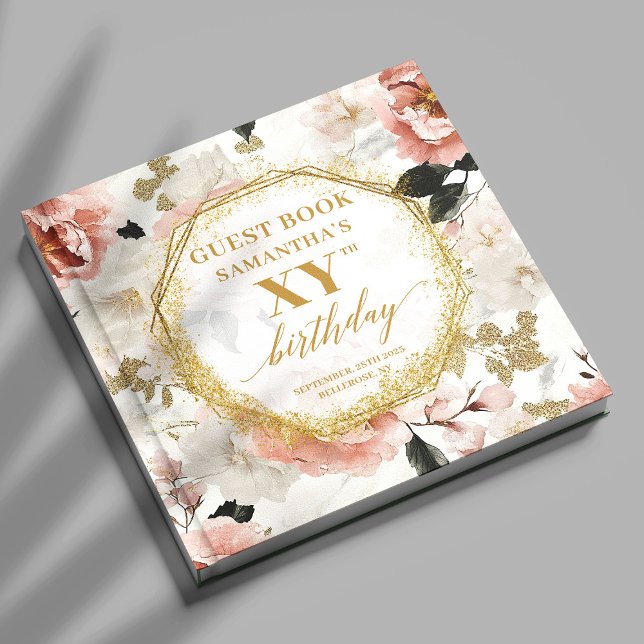 Livro de Convidados de Noite Floral Dourado, Rosa- (Radiant Dusty Pink Gold Floral Birthday Guest Book

)