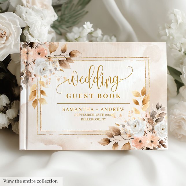 Livro de Convidados do Casamento Dourado de Marfim (Romantic Pale Pink Ivory Gold Wedding Guest Book  )