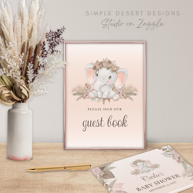 Livro de Convidados do Chá de fraldas Elefante Flo (Cute Elephant Boho Baby Shower Guest Book and Sign with Gender Neutral Floral Pampas Grass)