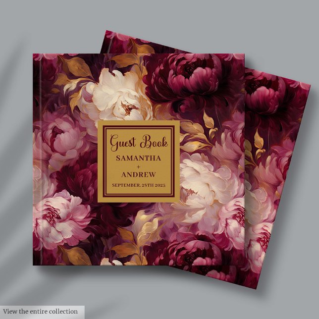 Livro de Convidados Dourado Casamento Romântico Bl (Romantic Blush Burgundy Gold Wedding Guest Book Keepsake)