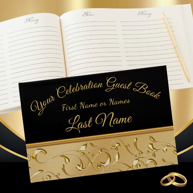 Livro de Convidados Dourado e negro, personalizá-l (50th wedding anniversary guest book. Black and Gold Guest Book. Golden Anniversary Guest Book.)
