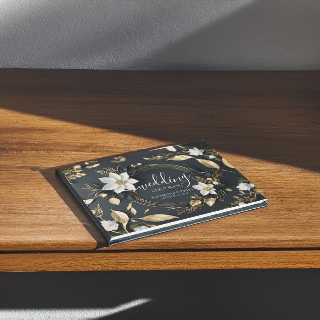 Livro de Convidados Dourado Floral Floral  Negro (Criador carregado)