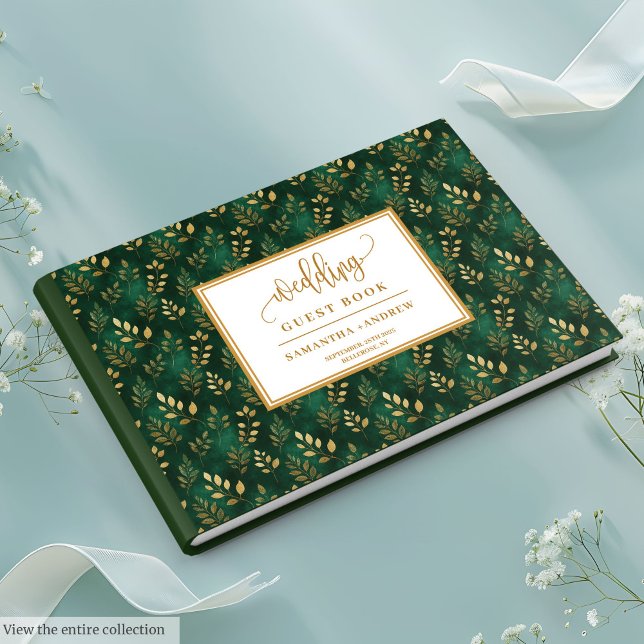 Livro De Convidados Sobre Casamento Dourado E Verd (Botanical Dark Green And Gold Wedding Guest Book)